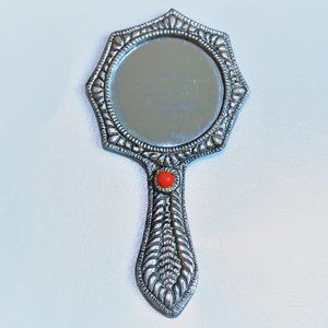 NWT Metal carved red hand mirror in antique silver